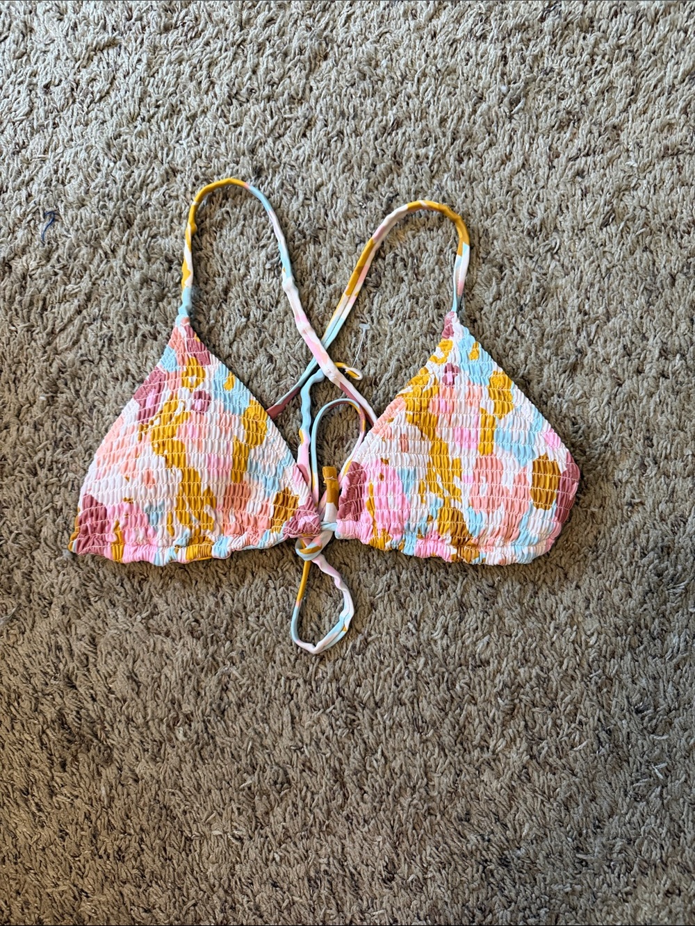 Xhilaration Pink Yellow Blue Floral Smocked Triangle Bikini Top